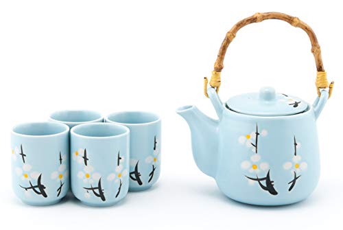 asian merchandise - Fuji Merchandise Japanese Sky Blue Soushun Sakura Cherry Blossoms Ceramic Tea Pot and 4 Cups Tea Set Asian Home Decor