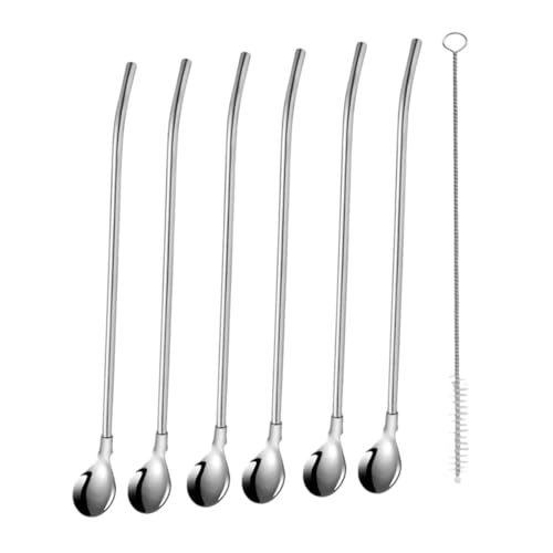 Unomor 6pcs Stainless Steel Drinking Stirring Spoon Multifunctional Mixing Spoon Straws for Drinks and Cakes