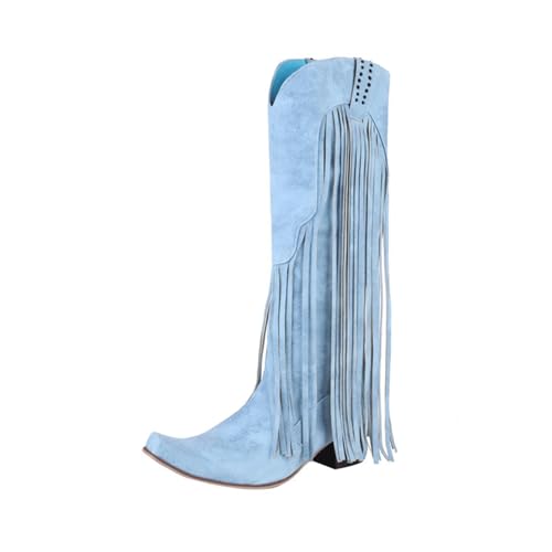 Bottes de cow-girl à franges et talon bloc surdimensionné en daim bleu vintage