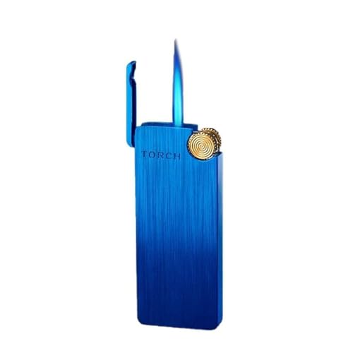 Encendedor ultrafino a prueba de viento, de encendido directo, cepillado, con encendido por muela antigua, material metálico de llama azul resistente a altas temperaturas, ajustable y recargable, adec
