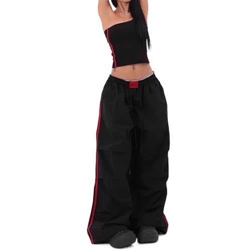 Women's Y2K Baggy Cargo Parachute Pants Elastic Waist Wide Leg Lightweight Quick-Dry Contrast Stripe American Retro