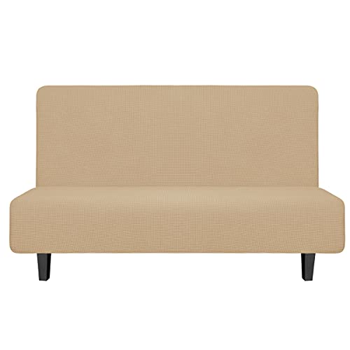 Image of Easy-Going Stretch Medium Futon Slipcover Armless Futon Cover Sand | Sofa Bed Furniture Protector Without Armrests with Elastic Bottom for Kids, Soft Jacquard Machine Washable