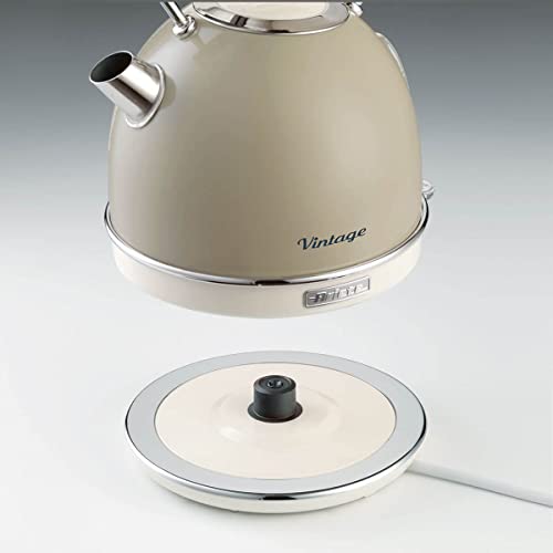 Ariete Bouilloire Vintage 2877, Bouilloire Électrique avec Niveau D'Eau Visible, Base Sans Fil 360°, Arrêt Automatique, Poignée Ergonomique, Capacité 1,7 L, Acier Inoxydable, 2000W, Beige