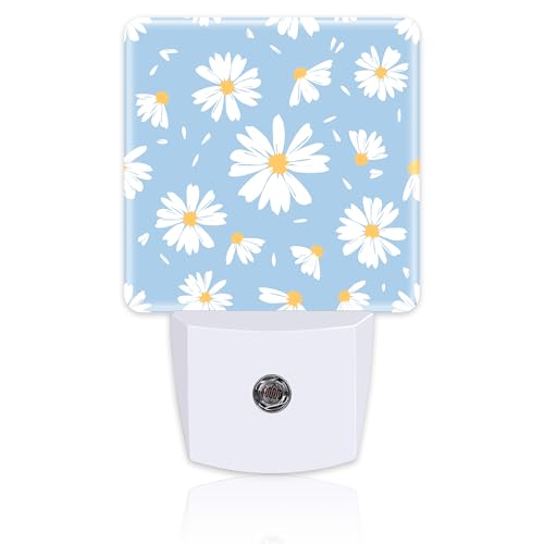 Image of Watercolor White Daisies Flowers Night Light for Kids,Abstract Floral Flying Petals Night Light Plug in with Dusk to Dawn Sensor,0.5w Energy Saving Nightlight for Hallway Stairway Kitchen Bedroom
