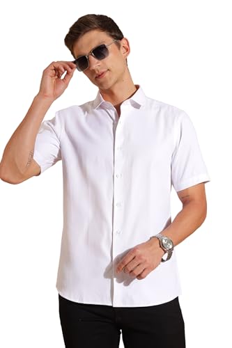 Image of Fyltr Men's Regular Fit Cotton Blend Shirt - Half Sleeve | Stylized Collar Band | Formal Shirts for Men