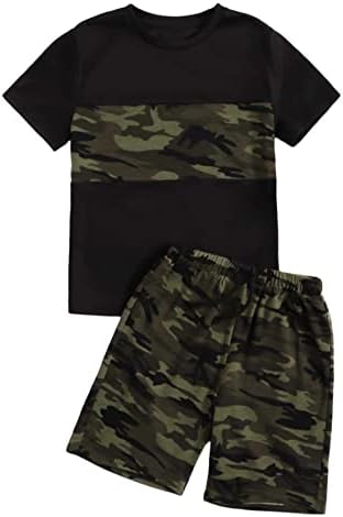 SHENHE Boy&#39;s 2 Piece Outfits Color Block Camo Print Short Sleeve T Shirt and Shorts Set