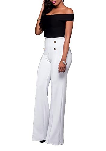 LKOUS Women's Stretchy High Waisted Wide Leg Button-Down Pants - Thumbnail 2