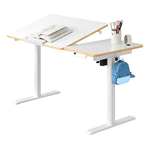 FLEXISPOT 電動昇降デスク 学習机 小さめ 幅110cm 勉強机 昇降式デスク スタンディングデスク 天板角度調整0-40° メモリー機能付き 子供ロック付き LED表示 在宅ワーク (白, 天板110x52cm)
