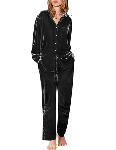 Ekouaer Velour Track Suits for Women Long Sleeve Pajama Set Casual 2 Piece Loungewear Black Medium