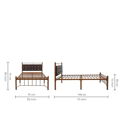 Image of Zuno Metal Extra Single Size Bed Without Storage | Wrought Iron Single Bed with Headboard & Footboard| Sturdy Powder Coated Platform Cot for Bedroom (Zuno Brown)