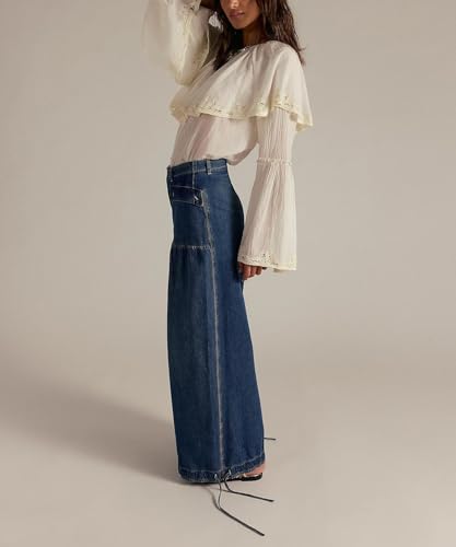 chouyatou Women's Boyfriend Baggy Lotus Jeans Y2k Barrel Jeans Drawstring Bottom Wide Leg Pleated Denim Pants4