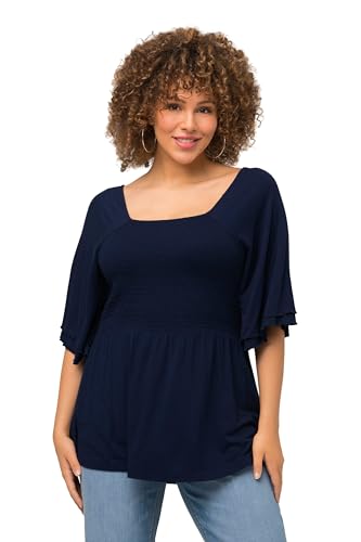 Ulla Popken Damen Gesmokte Bluse T-Shirt, Mattes Nachtblau, 58-60