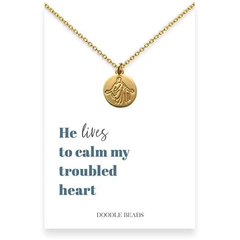 Doodle Beads Gold Christus Necklace - Christian Gift with 'Redeemer Lives' or 'Calm My Heart' Card Options (I Know that My Redeemer Lives) Cover