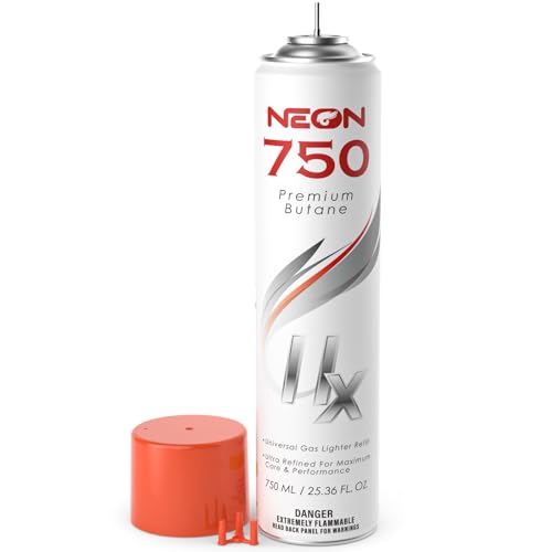NEON Butane Fuel 750ml, 11X Ultra Refined 0 Impurities Butane Refill, Premium Universal Lighter Fluid with Metal Nozzle and 3 Butane Gas Refill Adapters for Refillable Lighters and Torches, 1 Can