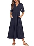 ANRABESS Women's Casual Summer Ruffle Short Sleeve T Shirts Maxi Dress 2025 Fall V Neck Flowy Tiered Boho Beach Dresses Navy Blue X-Large