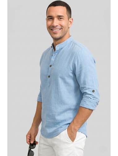 Image of DEEMOON Men's Cotton Blend Solid Regular Fit Full Sleeve Short Kurta | Men's Trendy Short Kurta
