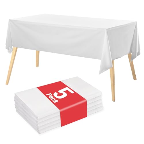 Image of Plastic Table Cloth, 5 Packs Disposable Tablecloth 54 X 108 Inch White Plastic Tablecloth for Rectangle Tables Tougher PEVA Table Cover for Party Decorations Picnic Graduation Camping Birthday