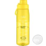 GOPPUS 1L/32oz Clear Tritan Water Bottle with Screw Lid, Drinks Bottle with Wide Mouth, Fruit Infuser, Leakproof, BPA Free, Carry Handle, Measurement Markings, Dust Cap (Yellow)