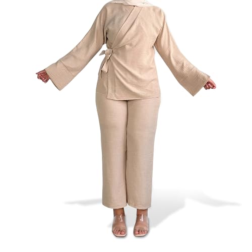 Dubai Style Luxury Modest Dress with Crossed Top and Pants – Premium and Breathable Two Piece Sets – Long Sleeves, Round Neck Muslim Dress – Modest Outfits for Women - (Blush Sandstone, Large)