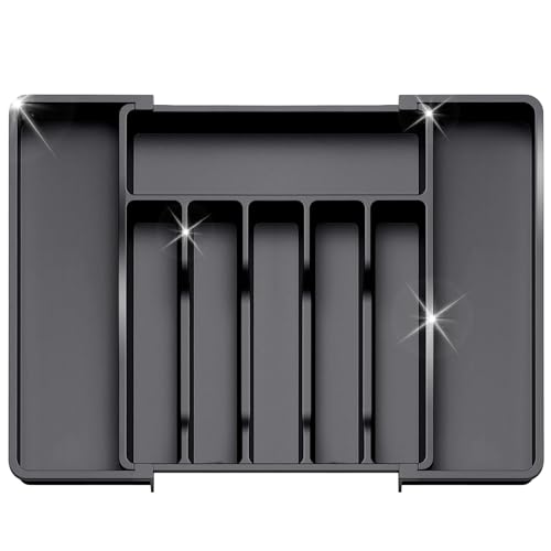 Swetfela Organizador de cajones extensible para cubiertos, bandeja ajustable para cubiertos, organizador de cajones de cocina de alto volumen, organizador de cajones de utensilios de plástico para