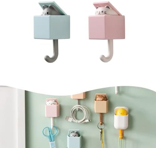 Creative Cute Animal Hooks,2PCS Cute Cat Key Holder Hook Wall Mounted Adhesive Hook Coat Hooks for Coat, Scarf, Hat, Towel,Key, Bag,Wall Hanging Decorations (D)