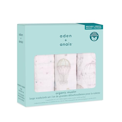 Image of aden + anais Organic Oversized Washcloth 3-Pack, Super Soft 100% Organic Cotton Muslin, Gentle on Skin, 3 Absorbent 12x12 Layers, Softer with Every Use, for Babies Infants Toddlers, Above The Clouds