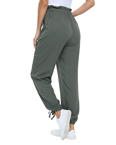 andy & natalie Women\'s Elastic Waist Cargo Drawstring Pants Paper Bag Pockets Ankle Tie Jogger Sweatpants Trouser Green