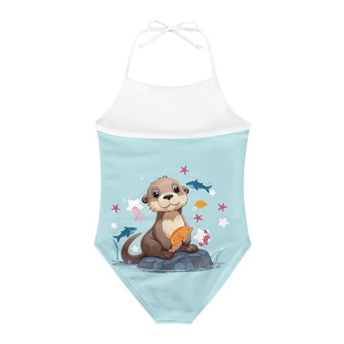Image of Cute Backless One Piece Swimsuits for Girls Adjustable Halter Strap Bathing Suit Beach Swimwear for Girls