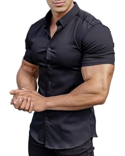 Men's Muscle Fit Dress Shirts Short Sleeve Button Down Slim Fit Stretch Wrinkle Summer Shirt for Men