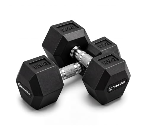 Image of The Cube Club Rubber Encased Hex Dumbbell 25kg Dumbbell Set of 2 (12.5kg Each) | Rubber Coated Anti-Slip Hex Dumbbells for Home Workout, Strength Training & Fitness Exercises for Men & Women