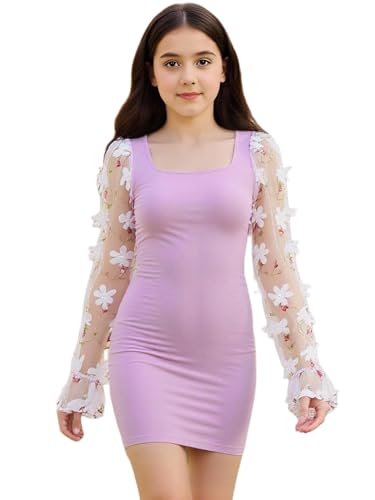 WDIRARA Girl's Sheer Mesh Flounce Long Sleeve Appliques Square Neck Dress
