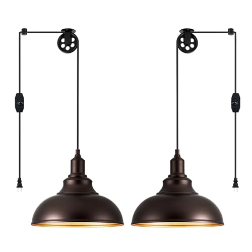 Image of Oil Rubbed Bronze Pendant Light Hanging Lamps for Living Room Plug in 15FT Dimmable Switch Adjustable Pulley Hanging Lights with Cord for Kitchen Bedroom 2 Pack