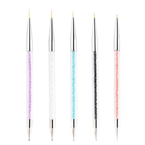 5 Pcs Nail Art Liner Brushes, Owlbbabies Double Ended Painting Nail Design Brush Pen Nail Art Point Drill Drawing Brush Dotting Pen Tools Set Include Liner Brushes and Dotting Pen 5/7/9/11/14mm