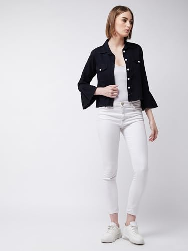 Image of Miss Chase Women's Polo Neck Full Sleeves Patch Pocket Denim Overcoat Knee-Length Jacket