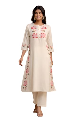 Image of Leriya Fashion Cotton Kurta Set for Women | Kurta Sets for Woman - Office Wear Kurti Set for Women Embroidery Kurti for Woman, Straight Kurtis Pant Set with 3 /4 Sleeve