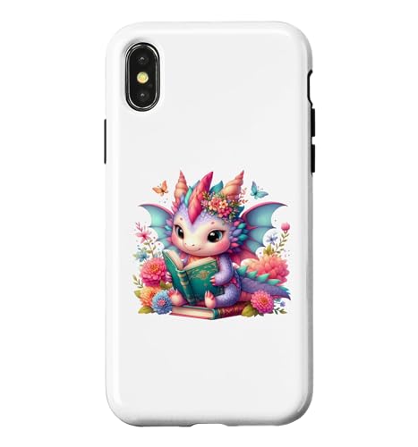 Cute Pink Baby Dragon Floral Book Lover Bookish Fantasy Era �X�}�z�P�[�X iPhone X/XS �p