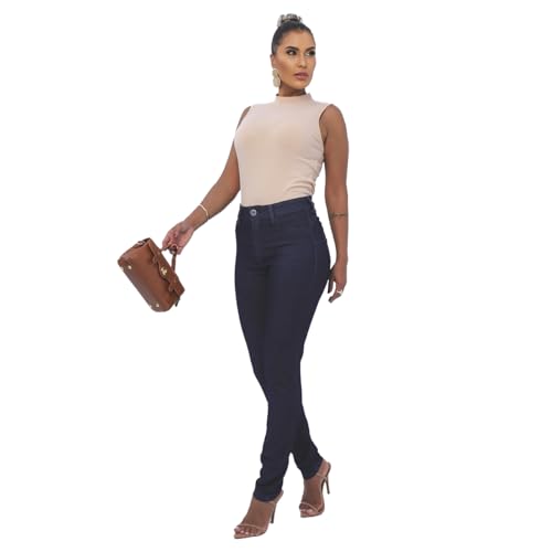 Calça Jeans Feminina Skinny Elastano Cintura Alta (BR, Numérico, 40, Regular, Regular, Azul Marinho)