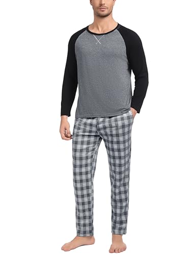 Litherday Pijama Hombre Invierno Pijama Hombre Algodón Largo Pijama Hombre Largo Pijama Hombre Escocés Pijamas Hombre Pijama Casual para el Hogar S-XXL, A-Gris, M