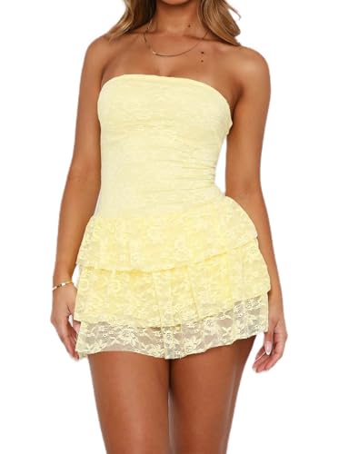 Women's Strapless Lace Mini Dress Tiered Ruffle Skirt Tube Top Dress Slim Fit Cocktail Party Homecoming Outfit