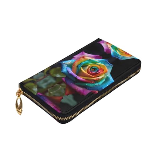 Leather Wallet 7.48 x 4.13 in - Stylish and Durable Wallet for Women with Multiple Compartments and Zipper Design Rainbow Rose Prints3