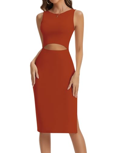 Image of SHAPERIN Women Bodycon Midi Dress Cutout Crew Neck Tank Dress with Side Slit Ribbed Casual Summer Dresses, Rust, L