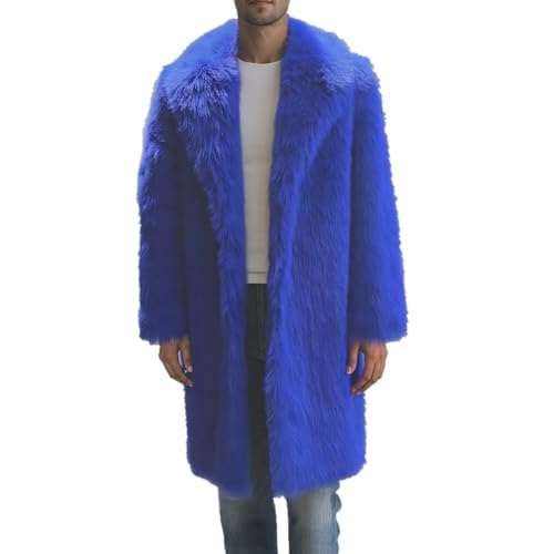 Colf Mens Winter Long Sleeve Turn Collar Faux Fur Coat Outwear Long Parka Jacket Overcoat (Blue,Medium)