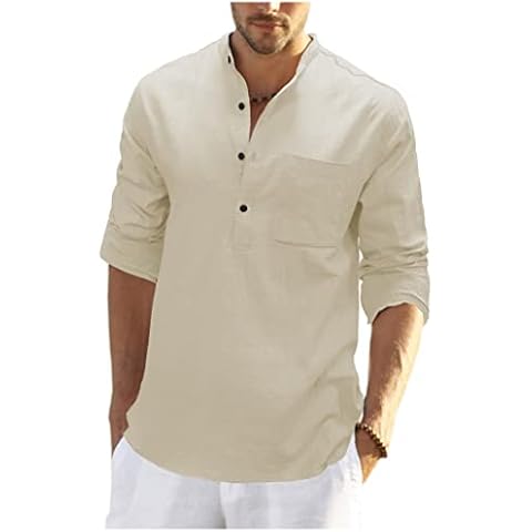 Camisa De Lino para Hombre Manga Larga Casual Henley Camisas Verano Cover
