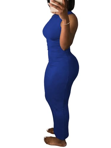 Image of Ulovmi Women's Maxi Bodycon Summer Dress Long Formal Ruched Sundress Elegant Casual Tank Sleeveless Dress Party Cocktail