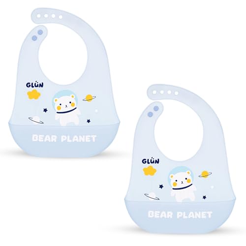 Image of GLUN Pack of 2 Soft Feeding Bibs with Bowl, Cute Taddy Bear Print for Growing Champs, Easily Wipes Clean, Comfortable Soft Baby Bibs, Less Time Cleaning after Meals for Babies