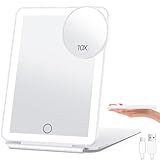 Espelho de Maquiagem Portátil com Luz LED e Aumento 10X, Recarregável via USB, 3 Cores, Tela Touch, Ultra Fino e Dobrável, para Viagem, Maquiagem e Escritório