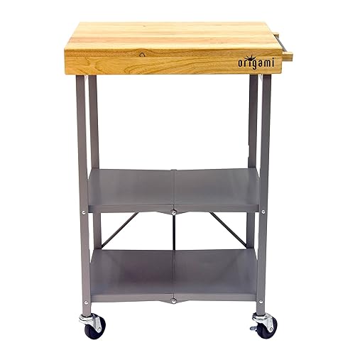 Image of Origami Foldable Kitchen Island Cart, Rolling Storage Table Organizer with Wheels, Silver