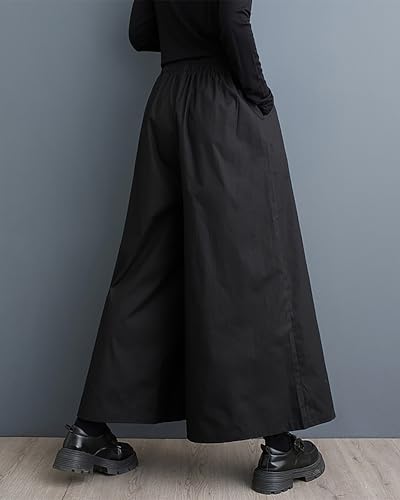 ellazhu Women's Pants Elastic Waist Pocket Wide Leg Flowy Hem Black Pattern Baggy Loose GZ3294