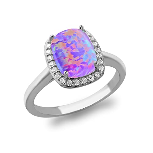 Bague argent rhodié halo d'opale violette et oxydes blancs rectangulaire