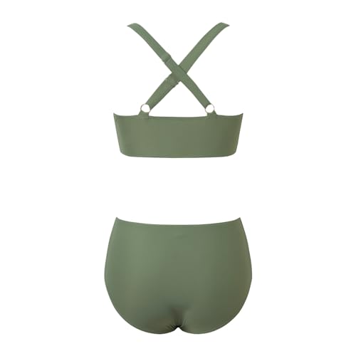 Bikini de cintura alta fruncido con efecto moldeador retro para playa en verde militar 7
